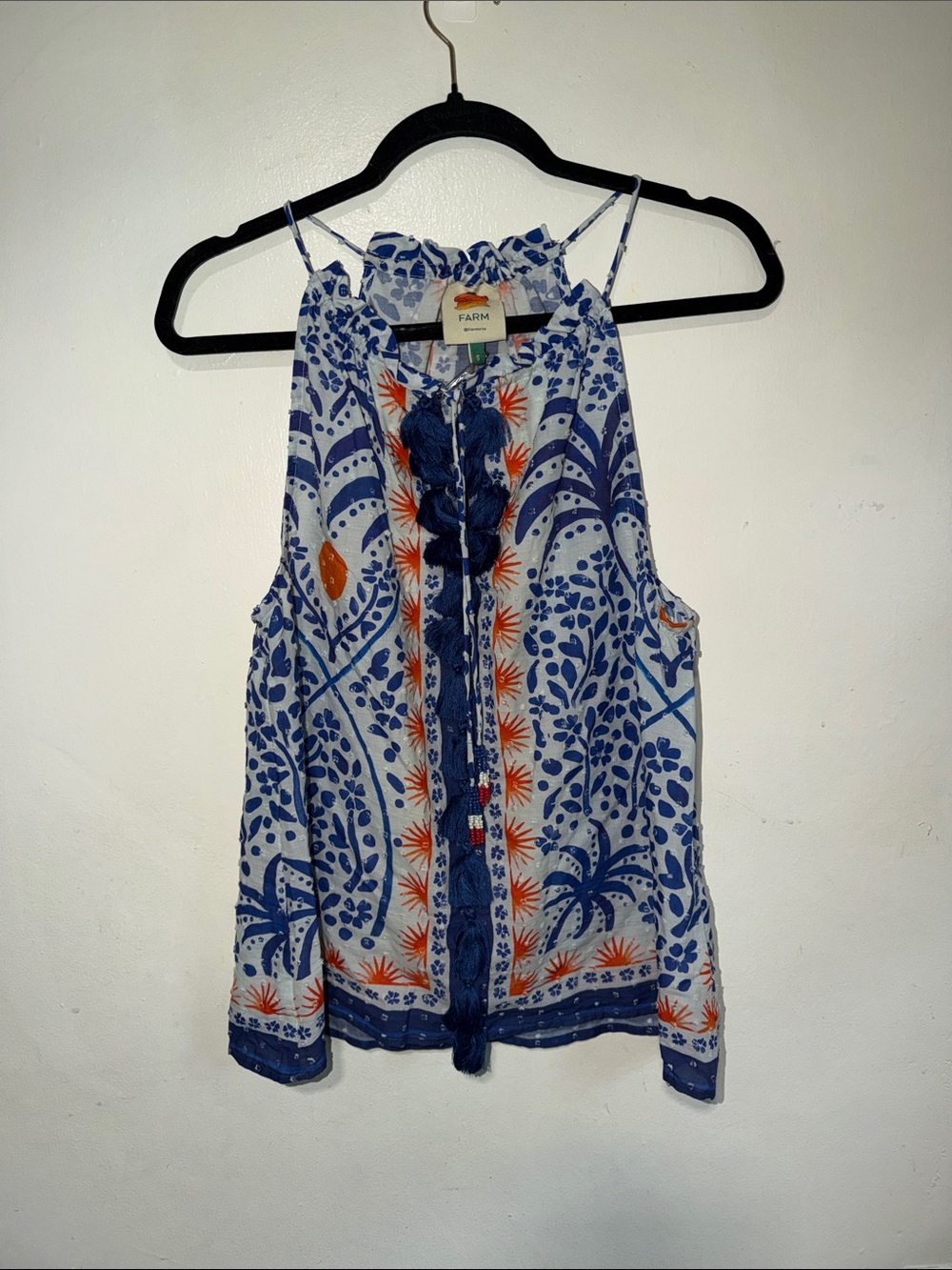 Farm Rio Afternoon Breeze Beaded Tassel Top Size Small